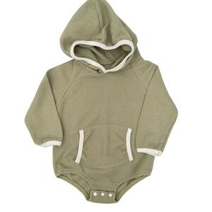 Waffle-Knit Hooded Baby Romper in Sage with White Trim